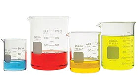beakers of colored liquid