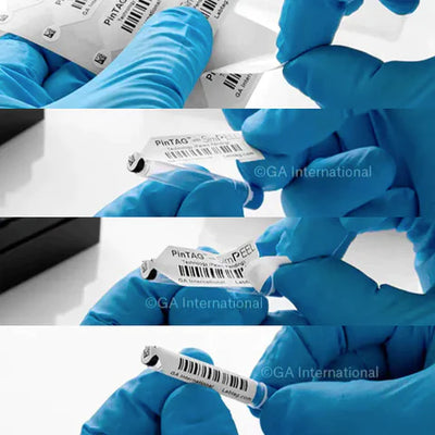 a set of pictures demonstrating the use of a sticker used to tag pens