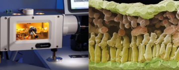 a machine shown next to a close up photo of some form of bacteria 