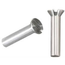 a cylindrical piece of metal with a flatter wider head that has a flat rectangular indent making it resemble a screw