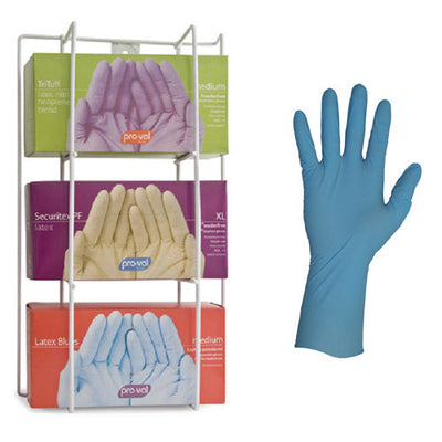 three boxes of disposable gloves shown next to an example glove