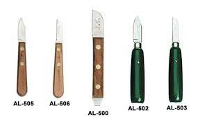 a set of various knives with wooden and plastic handles