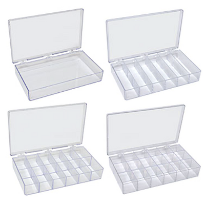 Clear polystyrene boxes with compartments, 26.7 x 15.7 x 4cm