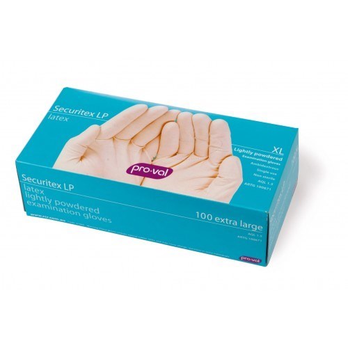 Latex examination gloves, lightly powdered