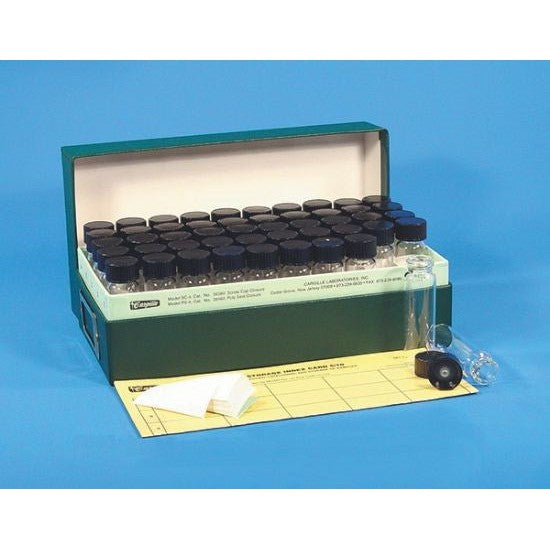 Glass sample vials in storage box, poly-seal screw cap