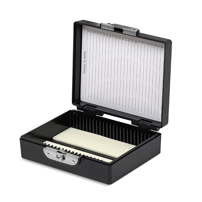 Coloured slide boxes, 25 slides