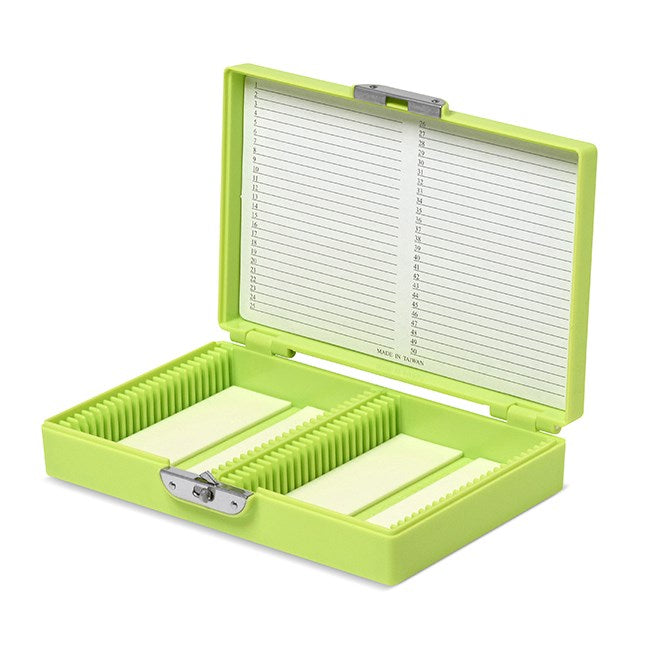 Coloured slide boxes, 50 slides