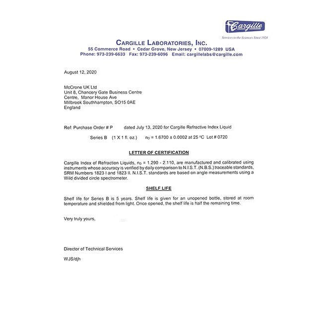 Letter of certification, for refractive index liquids