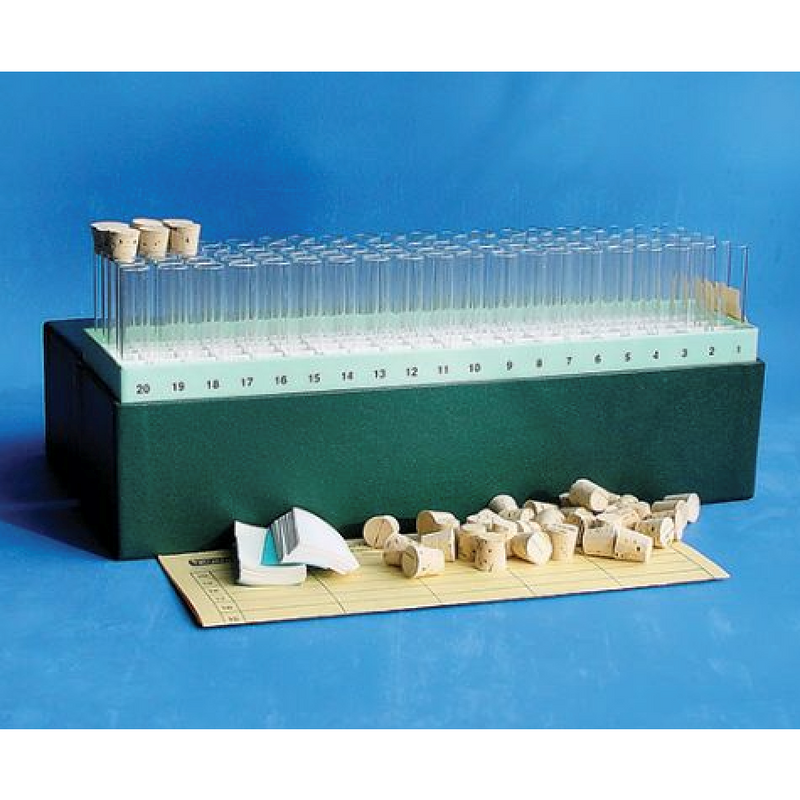 Glass shell vials in storage box, cork stopper