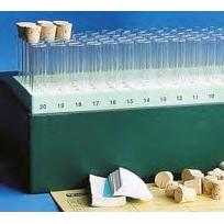 Glass shell vials in storage box, cork stopper
