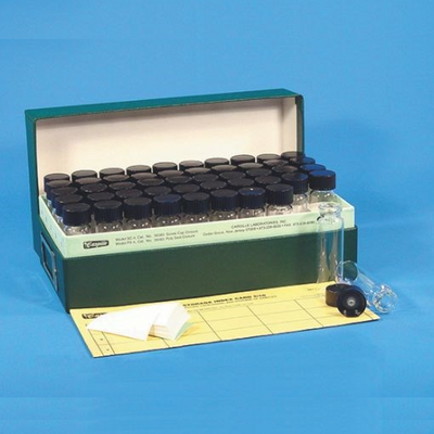 Glass sample vials in storage box, poly-seal screw cap