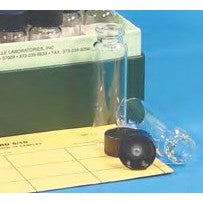 Glass sample vials in storage box, poly-seal screw cap