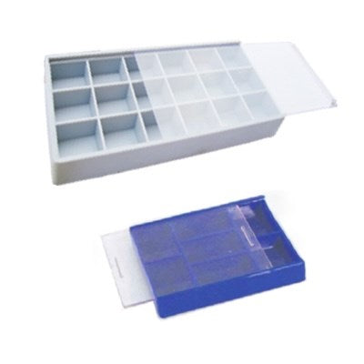 Partitioned storage trays with sliding lid