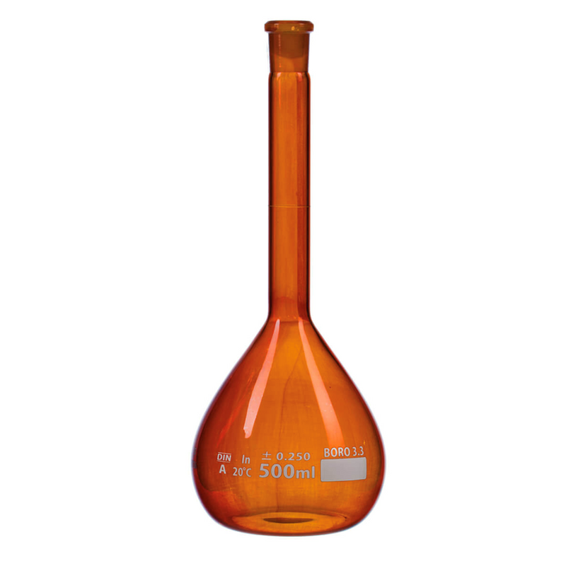 Glass volumetric flasks with glass stopper, amber