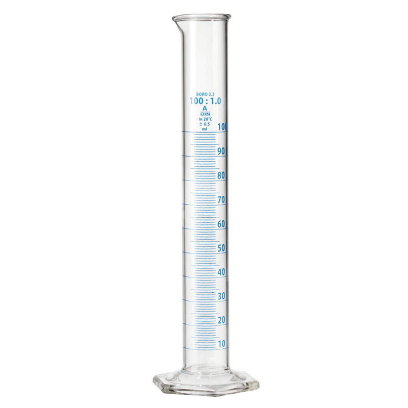 Measuring cylinders with spout and hexagonal base, Class A certified