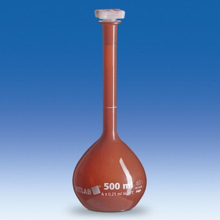 Volumetric flasks with PP NS stopper, UV-protect PMP