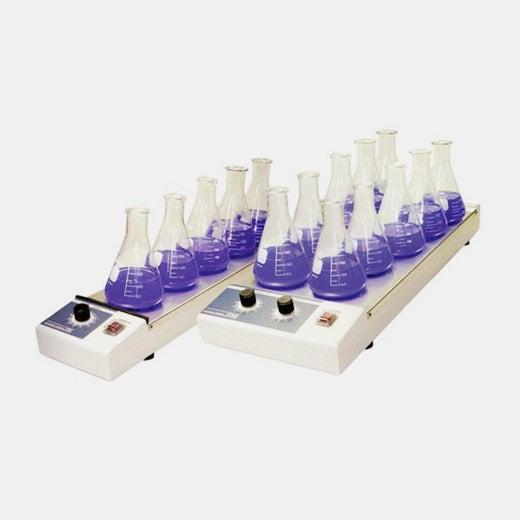 Multi-position magnetic stirrers, single control