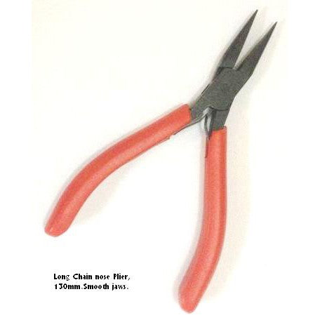 Long nose pliers, smooth jaws, 130mm, with red rubber grip